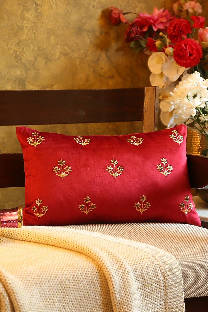 Burgundy & Golden Viscose Velvet Embroidered Cushion Cover by Amoliconcepts at Pernia's Pop Up Shop