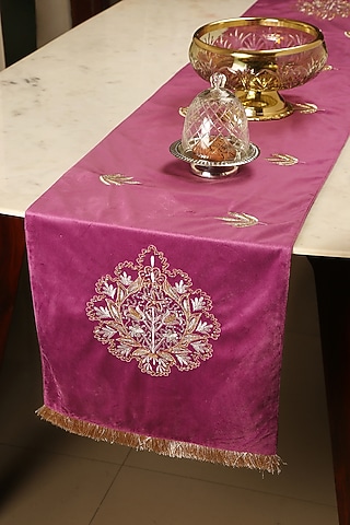 Violet & Golden Viscose Velvet Embroidered Table Runner by Amoliconcepts