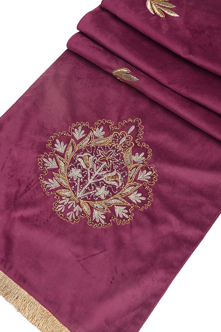 Violet & Golden Viscose Velvet Embroidered Table Runner by Amoliconcepts at Pernia's Pop Up Shop
