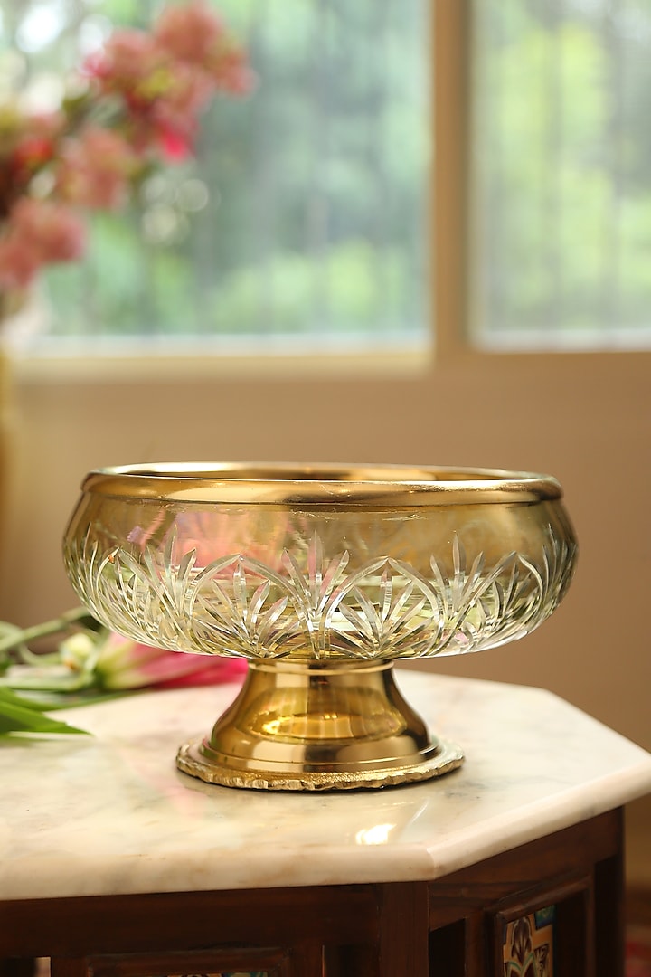 Transparent Glass & Aluminium Bowl With Golden Rim by Amoliconcepts