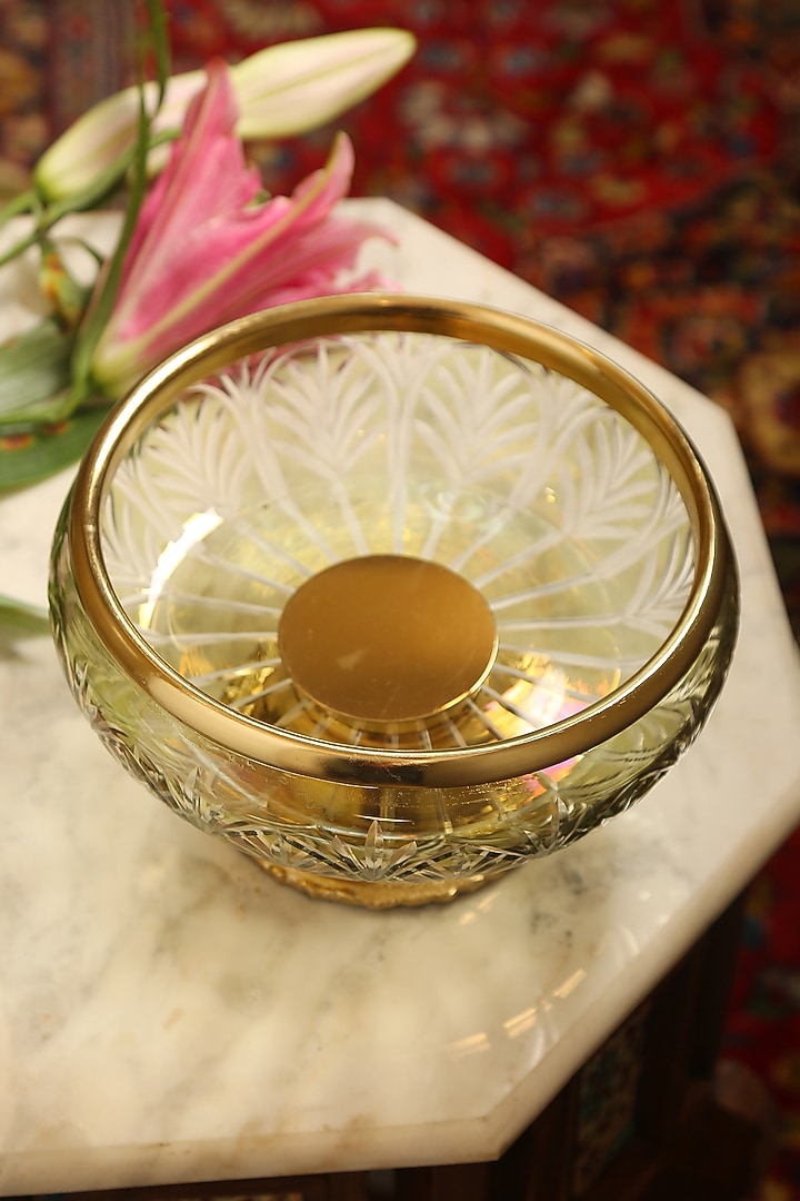 Transparent Glass & Aluminium Bowl With Golden Rim by Amoliconcepts at Pernia's Pop Up Shop
