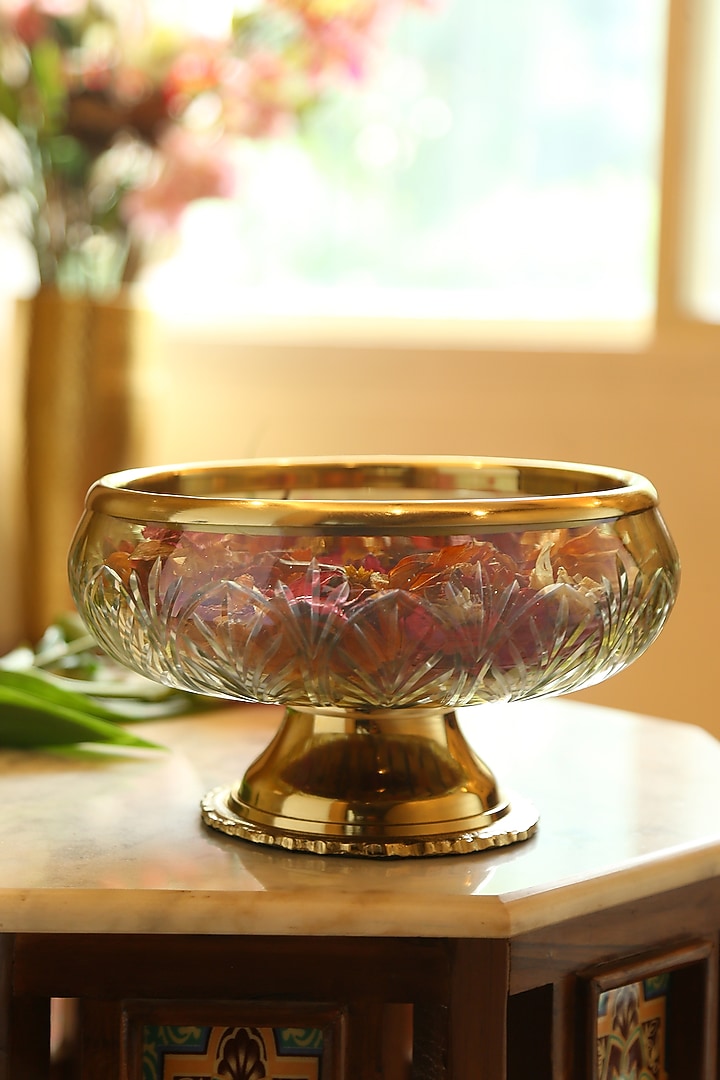 Transparent Glass & Aluminium Bowl With Golden Rim by Amoliconcepts at Pernia's Pop Up Shop