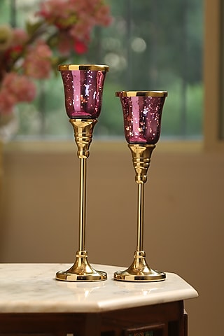 Violet & Golden Glass Aluminium Candle Holder Set Of 2 by Amoliconcepts