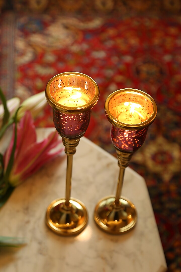 Violet & Golden Glass Aluminium Candle Holder Set Of 2 by Amoliconcepts at Pernia's Pop Up Shop