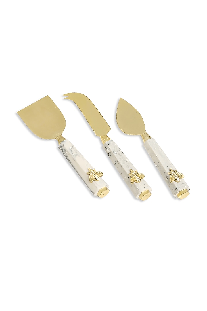 Off-White & Gold Stainless Steel Cheese Knife Set (Set of 3) by Amoliconcepts at Pernia's Pop Up Shop