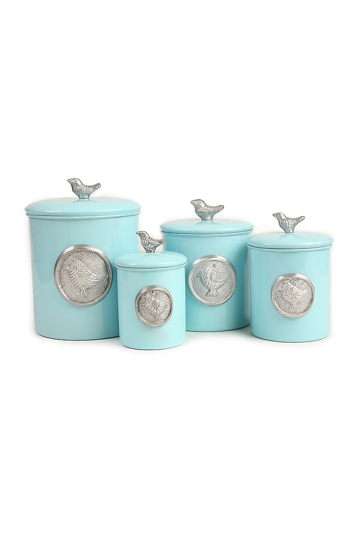 Blue Stainless Steel Canister (Set of 4) by Amoliconcepts at Pernia's Pop Up Shop