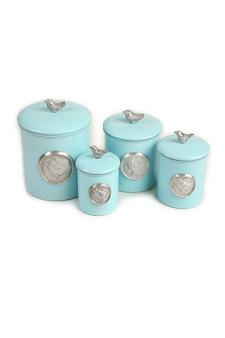 Blue Stainless Steel Canister (Set of 4) by Amoliconcepts at Pernia's Pop Up Shop