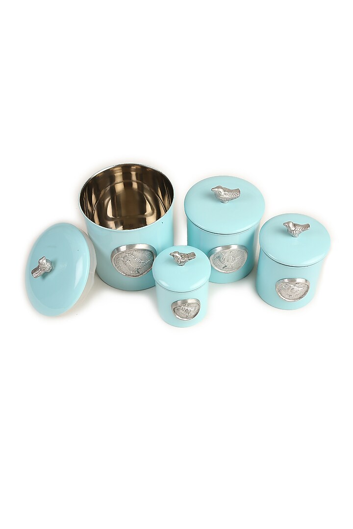 Blue Stainless Steel Canister (Set of 4) by Amoliconcepts at Pernia's Pop Up Shop