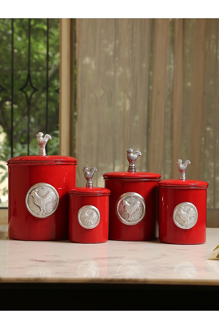 Red Stainless Steel Canister (Set of 4) by Amoliconcepts at Pernia's Pop Up Shop