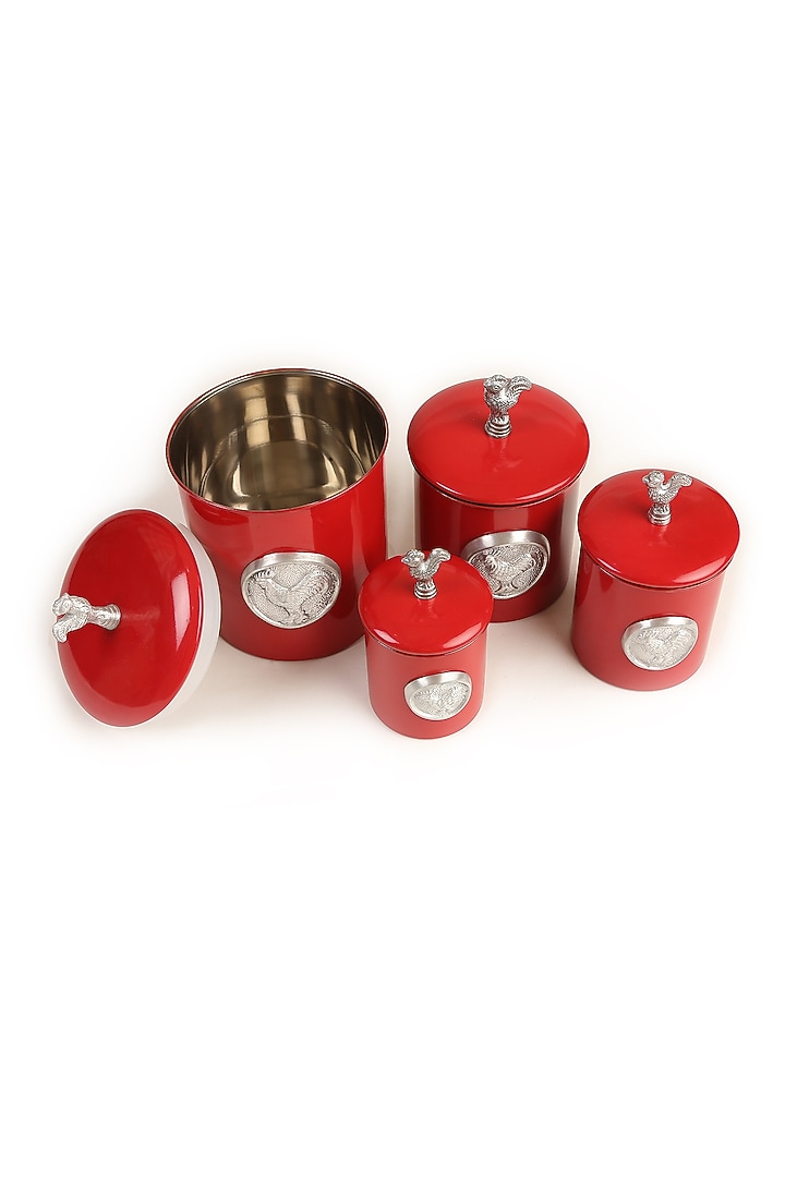 Red Stainless Steel Canister (Set of 4) by Amoliconcepts at Pernia's Pop Up Shop