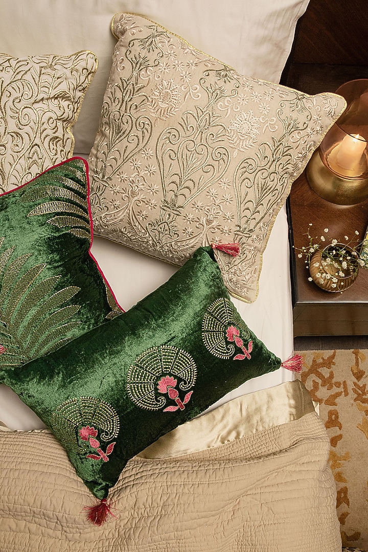 Green Embroidered Rectangular Cushion Cover by Amoliconcepts at