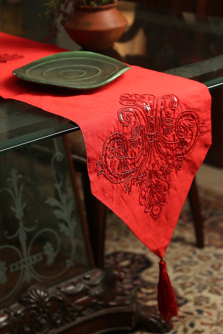 Red Polyester Table Runner by Amoliconcepts
