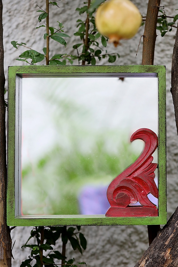 Antique Green & Red Mango Wood Mirror by Amoliconcepts