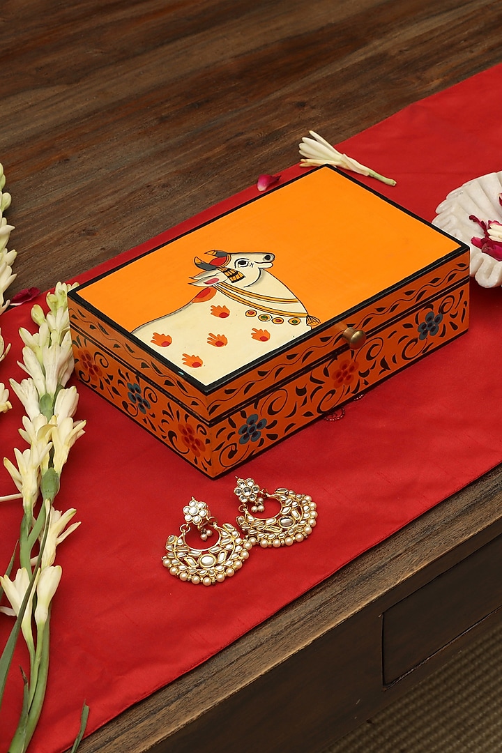 Orange Hand Painted Pichwai Cow Box by Amoliconcepts