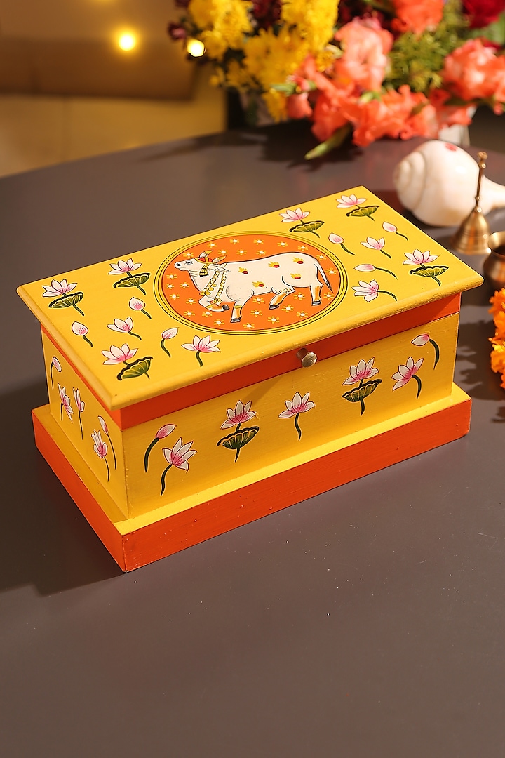 Yellow & Orange Hand Painted Pichwai Cow Box by Amoliconcepts
