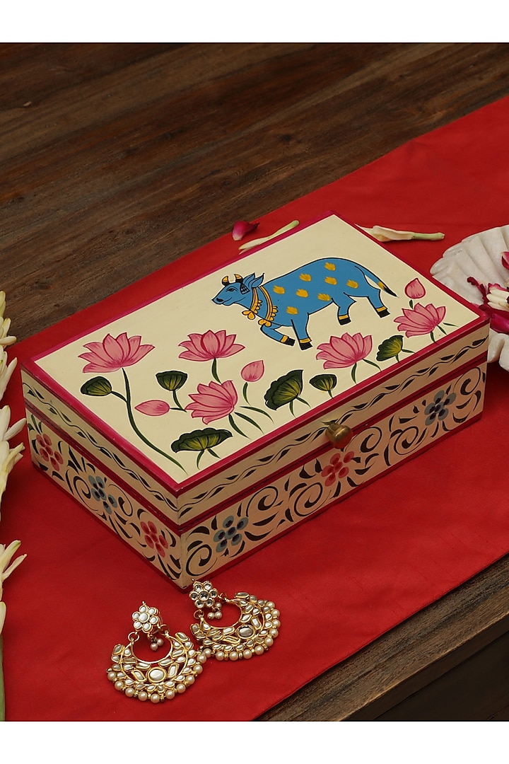 Ivory & Blue Hand Painted Pichwai Cow Box by Amoliconcepts at Pernia's Pop Up Shop