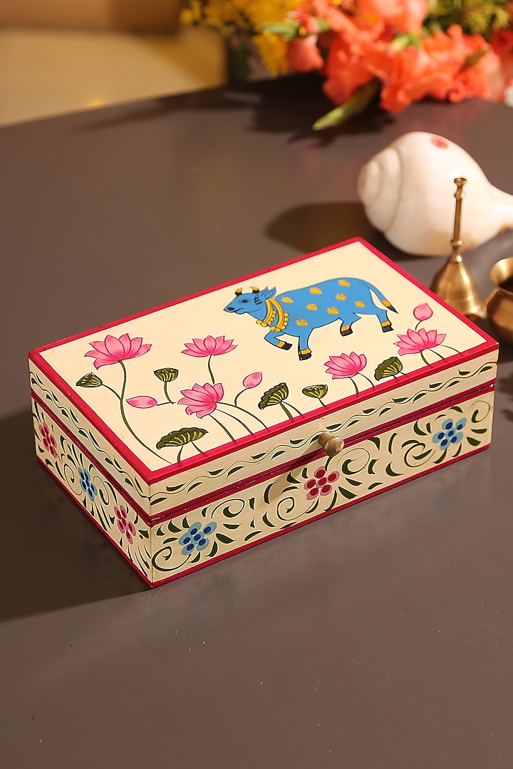 Ivory & Blue Hand Painted Pichwai Cow Box by Amoliconcepts at Pernia's Pop Up Shop