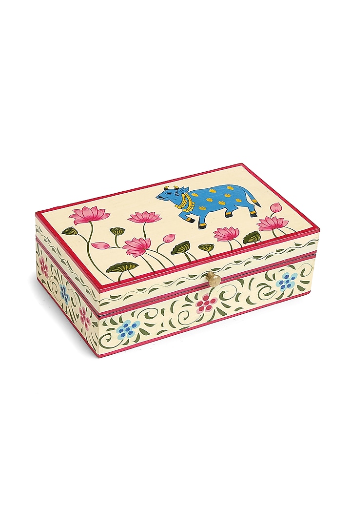 Ivory & Blue Hand Painted Pichwai Cow Box by Amoliconcepts at Pernia's Pop Up Shop