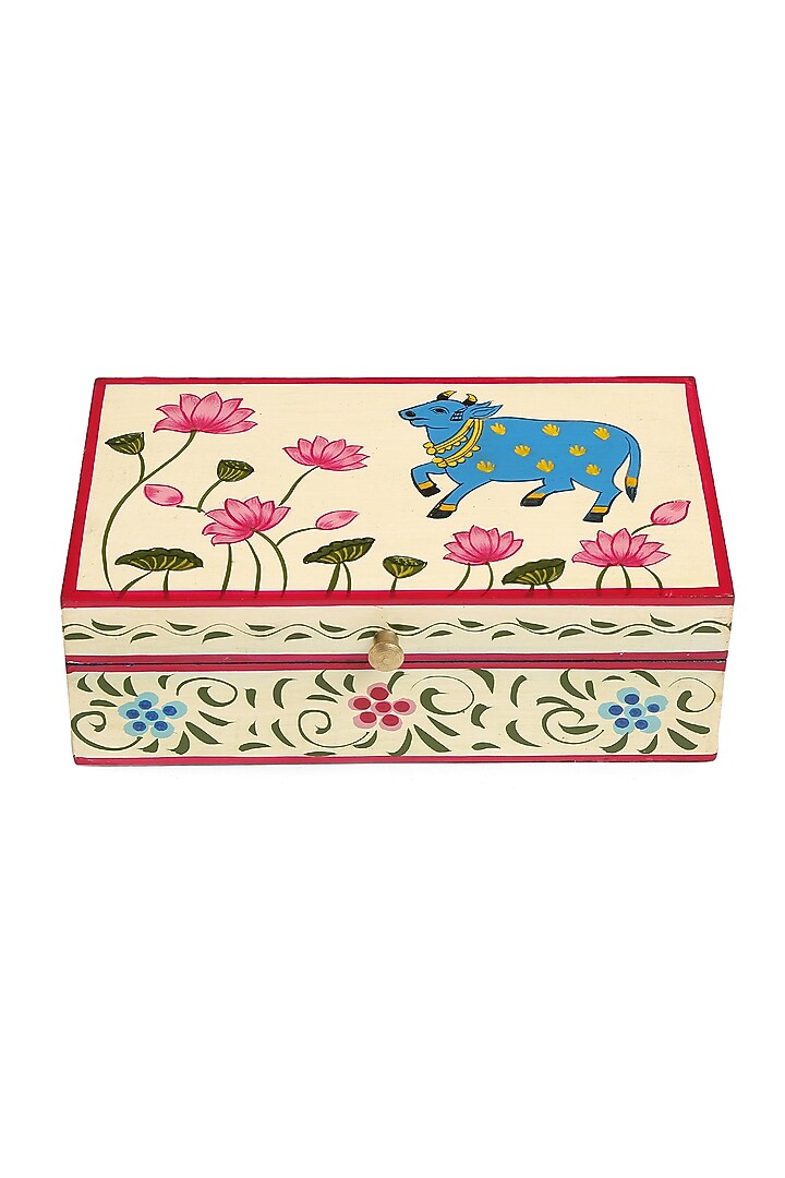 Ivory & Blue Hand Painted Pichwai Cow Box by Amoliconcepts at Pernia's Pop Up Shop