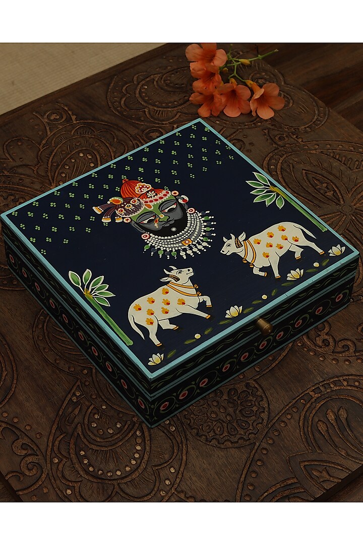 Navy Blue & White Pichwai Painted Box by Amoliconcepts