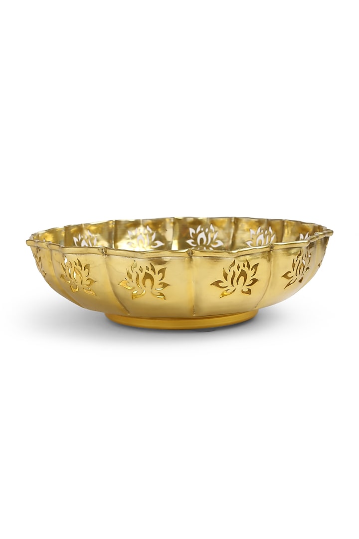 Gold Tone Iron Lotus Motif Urli (Set of 2) by Amoliconcepts at Pernia's Pop Up Shop