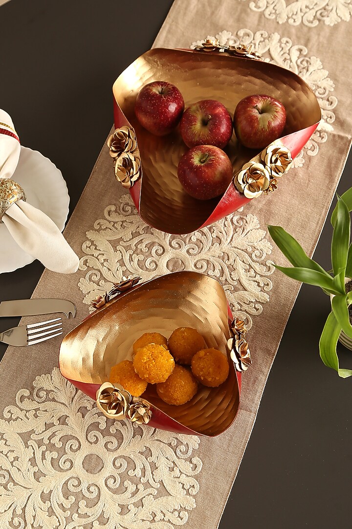 Gold & Red Flower Detail Iron Platter (Set of 2) by Amoliconcepts at Pernia's Pop Up Shop