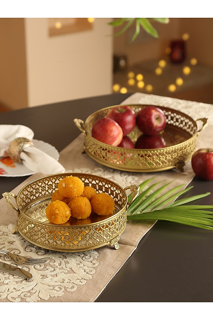 Matte Gold Iron & Mirror Platter (Set of 2) by Amoliconcepts at Pernia's Pop Up Shop