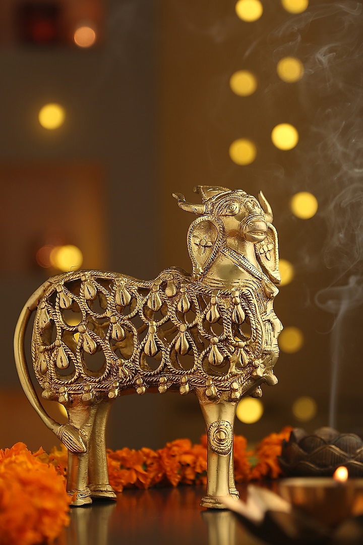 Antique Gold Brass Dhokra Cow Sculpture by Amoliconcepts