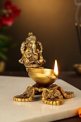 Antique Gold Brass Ganesha Diya by Amoliconcepts
