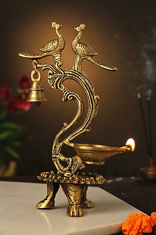 Antique Gold Brass Peacock Lamp With Bell by Amoliconcepts