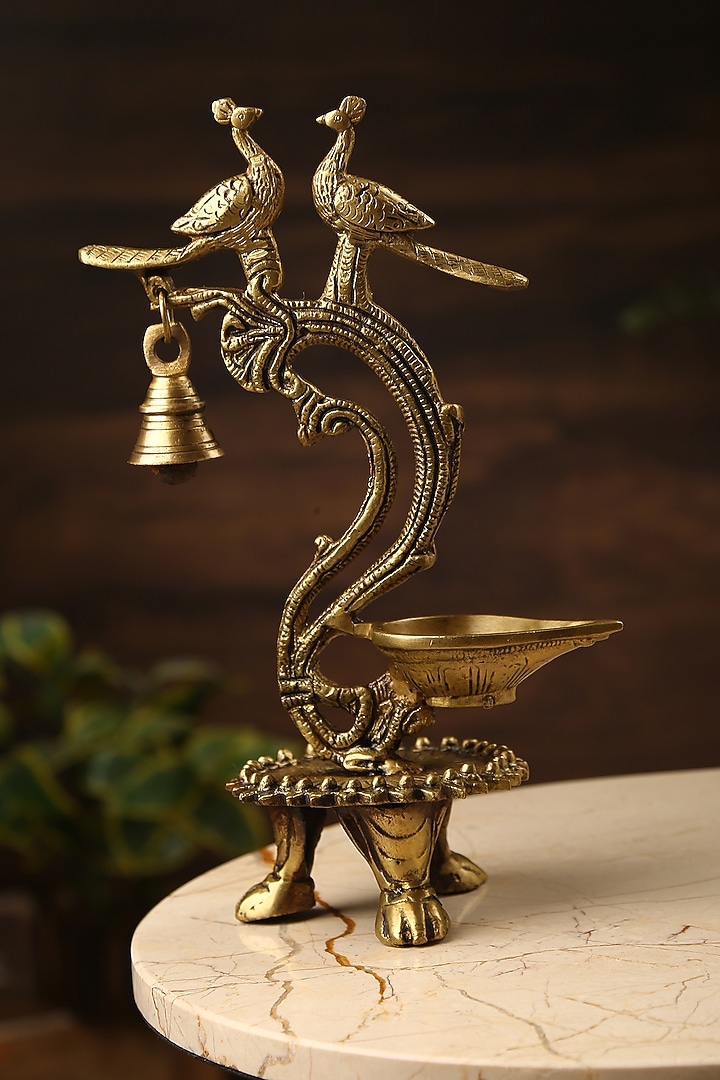 Antique Gold Brass Peacock Lamp With Bell by Amoliconcepts at Pernia's Pop Up Shop