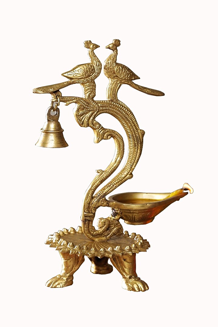 Antique Gold Brass Peacock Lamp With Bell by Amoliconcepts at Pernia's Pop Up Shop