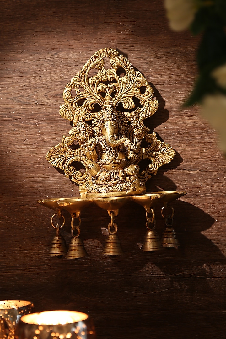 Antique Gold Brass Ganesha Lamp by Amoliconcepts