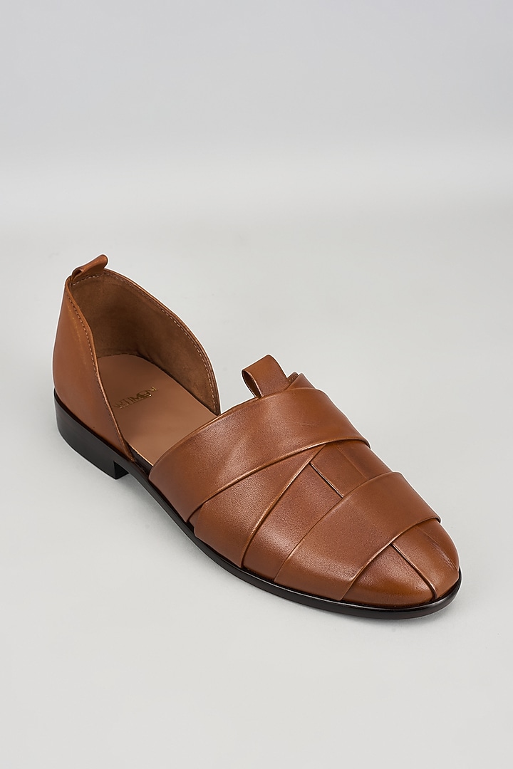 Light Tan Leather Hand Embroidered Sandals by ARTIMEN at Pernia's Pop Up Shop