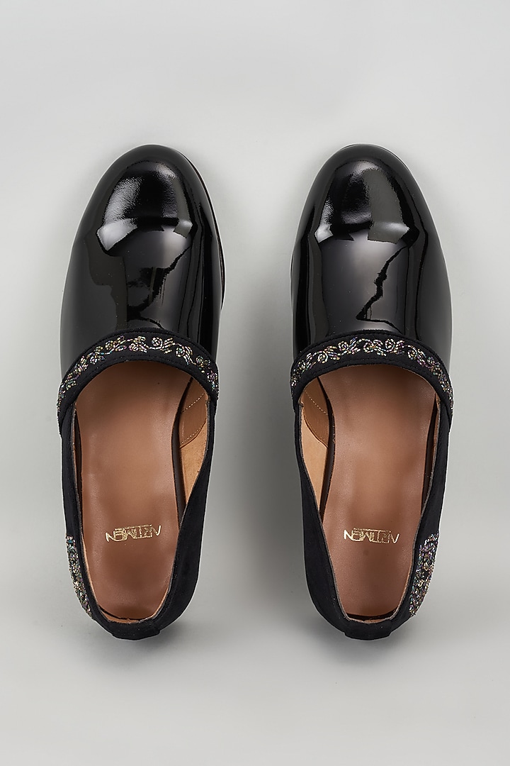 Black Patent Leather Cutdana Embroidered Espadrilles by ARTIMEN