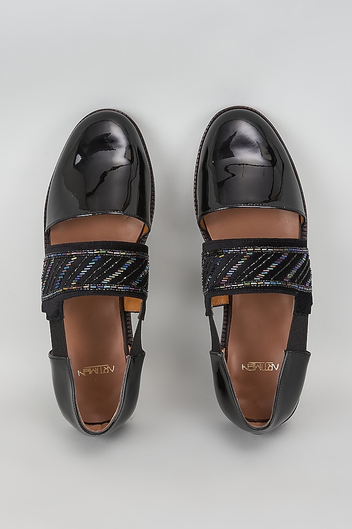 Black Patent Leather Cutdana Embroidered Sandals by ARTIMEN