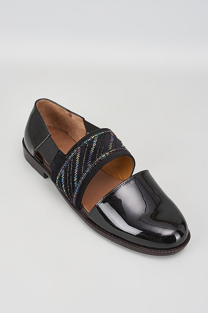 Black Patent Leather Cutdana Embroidered Sandals by ARTIMEN at Pernia's Pop Up Shop