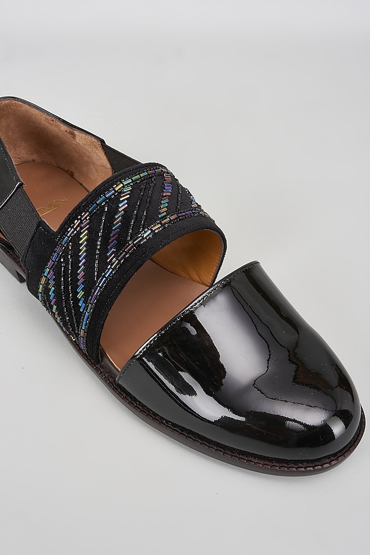 Black Patent Leather Cutdana Embroidered Sandals by ARTIMEN at Pernia's Pop Up Shop