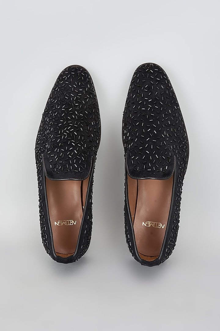 Black Patent Leather Cutdana Hand Embroidered Loafers by ARTIMEN