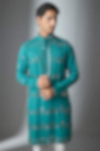 Turquoise Chanderi Silk Threadwork Kurta by ARTIMEN at Pernia's Pop Up Shop