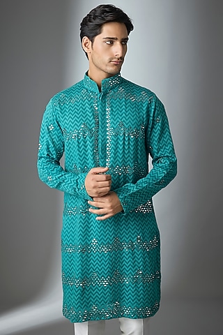 Turquoise Chanderi Silk Threadwork Kurta by ARTIMEN