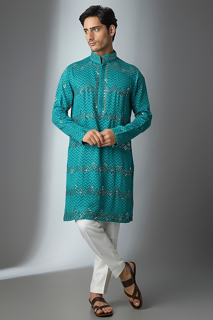 Turquoise Chanderi Silk Threadwork Kurta by ARTIMEN at Pernia's Pop Up Shop