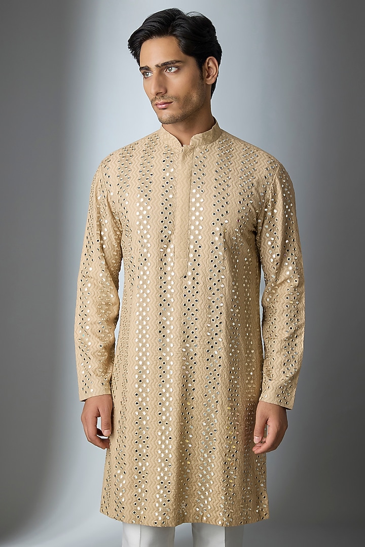 Beige Chanderi Silk Mirror Handwork Kurta by ARTIMEN at Pernia's Pop Up Shop