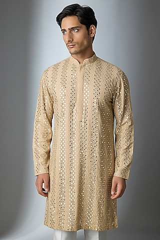 Beige Chanderi Silk Mirror Handwork Kurta by ARTIMEN