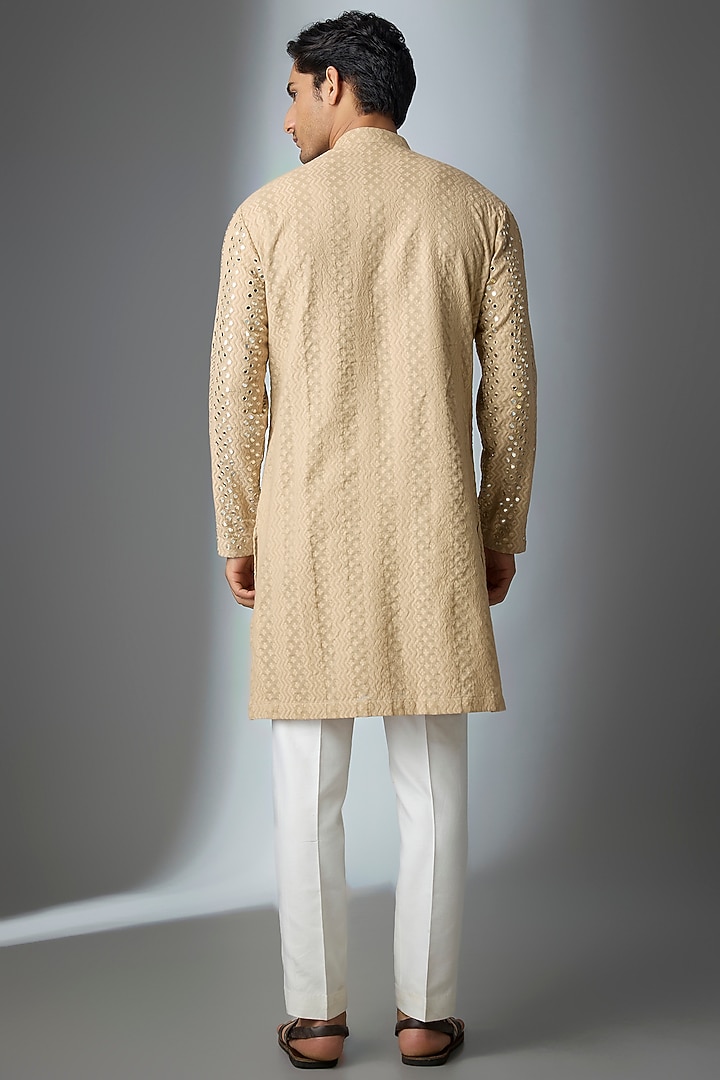 Beige Chanderi Silk Mirror Handwork Kurta by ARTIMEN at Pernia's Pop Up Shop