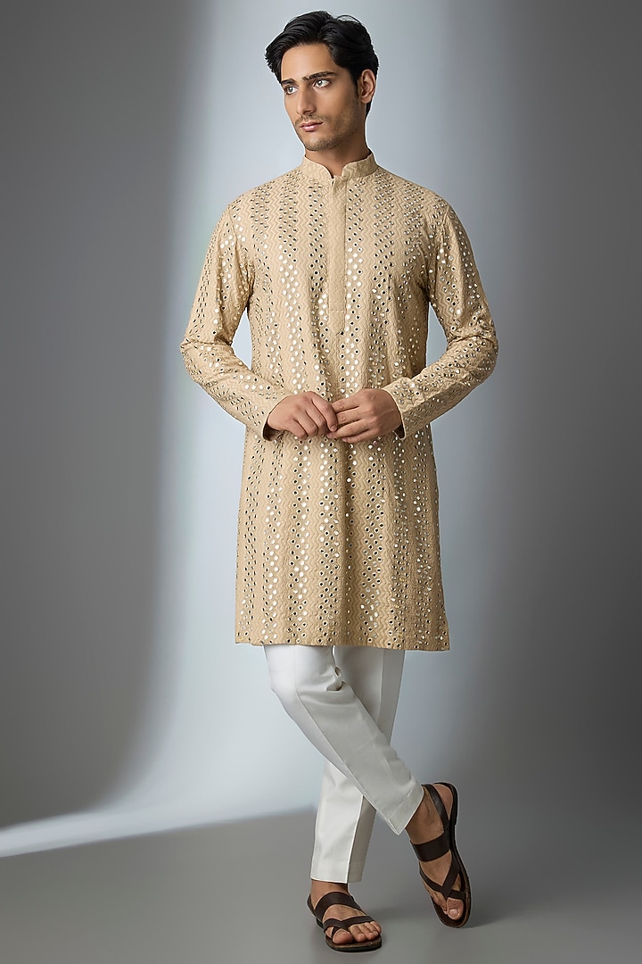 Beige Chanderi Silk Mirror Handwork Kurta by ARTIMEN at Pernia's Pop Up Shop