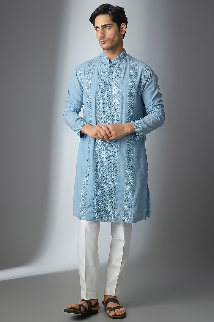 Powder Blue Chanderi Silk Kurta by ARTIMEN at Pernia's Pop Up Shop