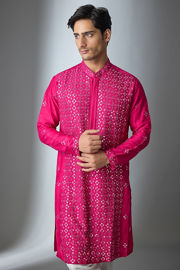 Rani Pink Chanderi Silk Mirror Work Kurta by ARTIMEN at Pernia's Pop Up Shop