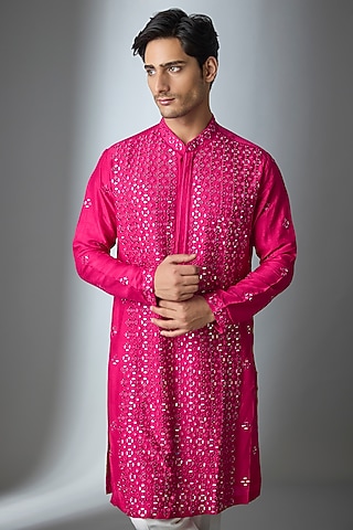 Rani Pink Chanderi Silk Mirror Work Kurta by ARTIMEN