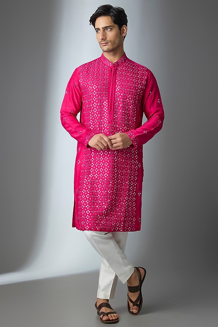 Rani Pink Chanderi Silk Mirror Work Kurta by ARTIMEN at Pernia's Pop Up Shop
